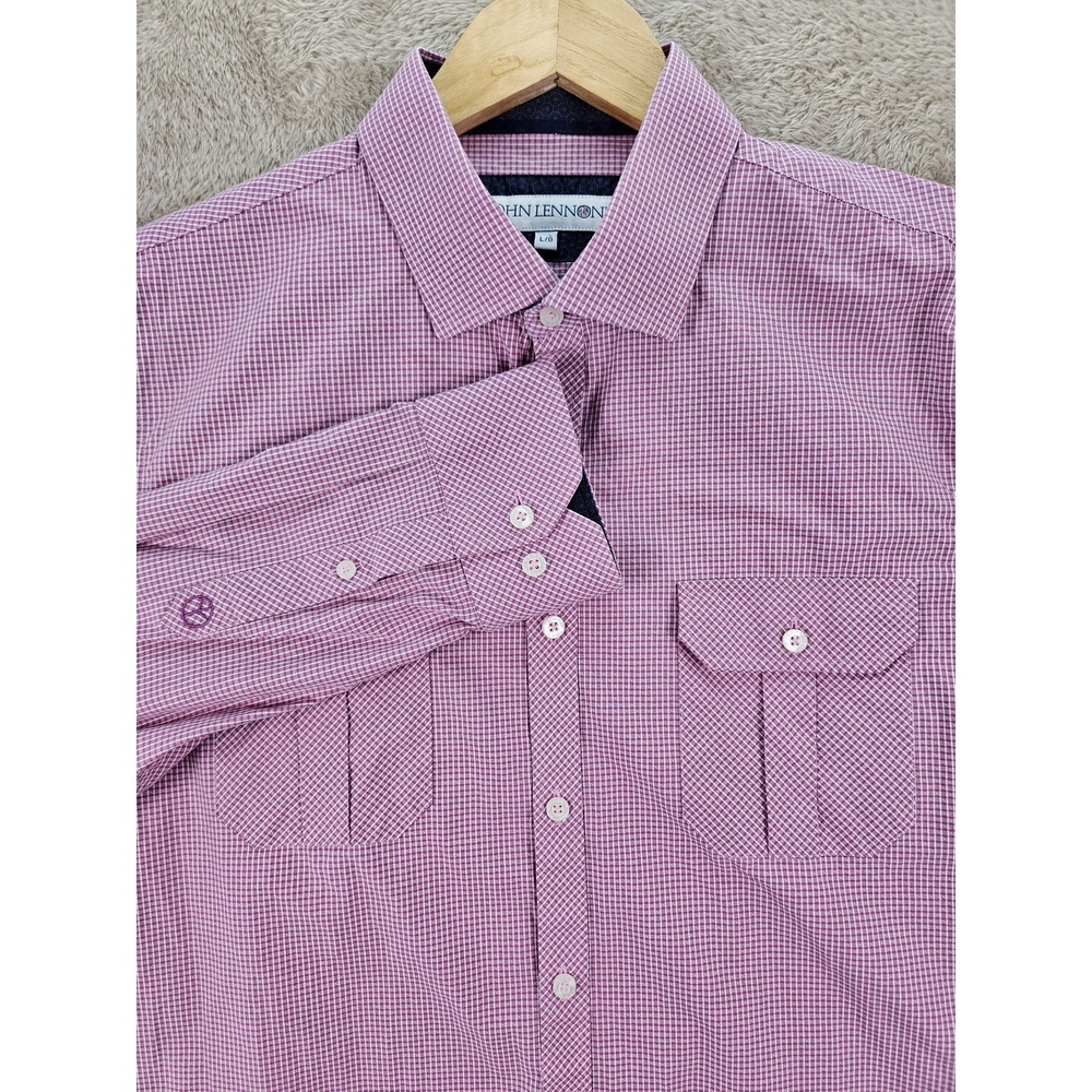 John Lennon Dress Shirt Red and White Gingham 100% Cotton Plaid Size L